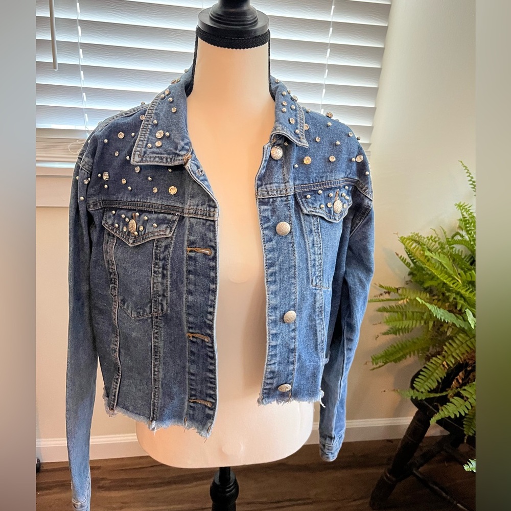 Denim Blvd Rhinestone Cropped Jacket